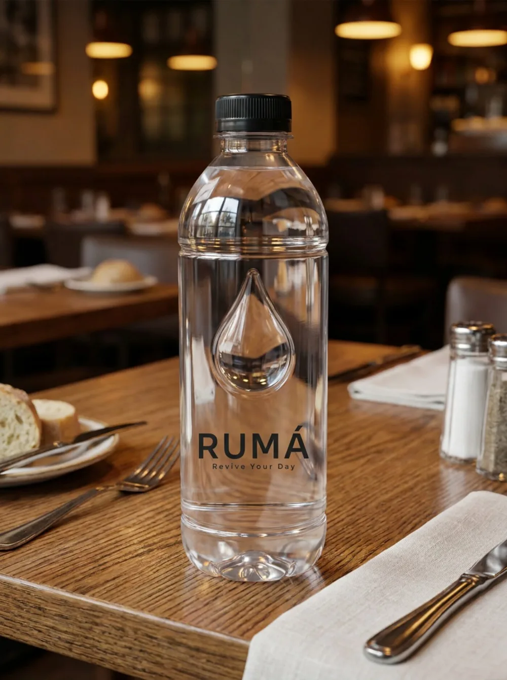 RUMÁ bottle on a fine dining restaurant table